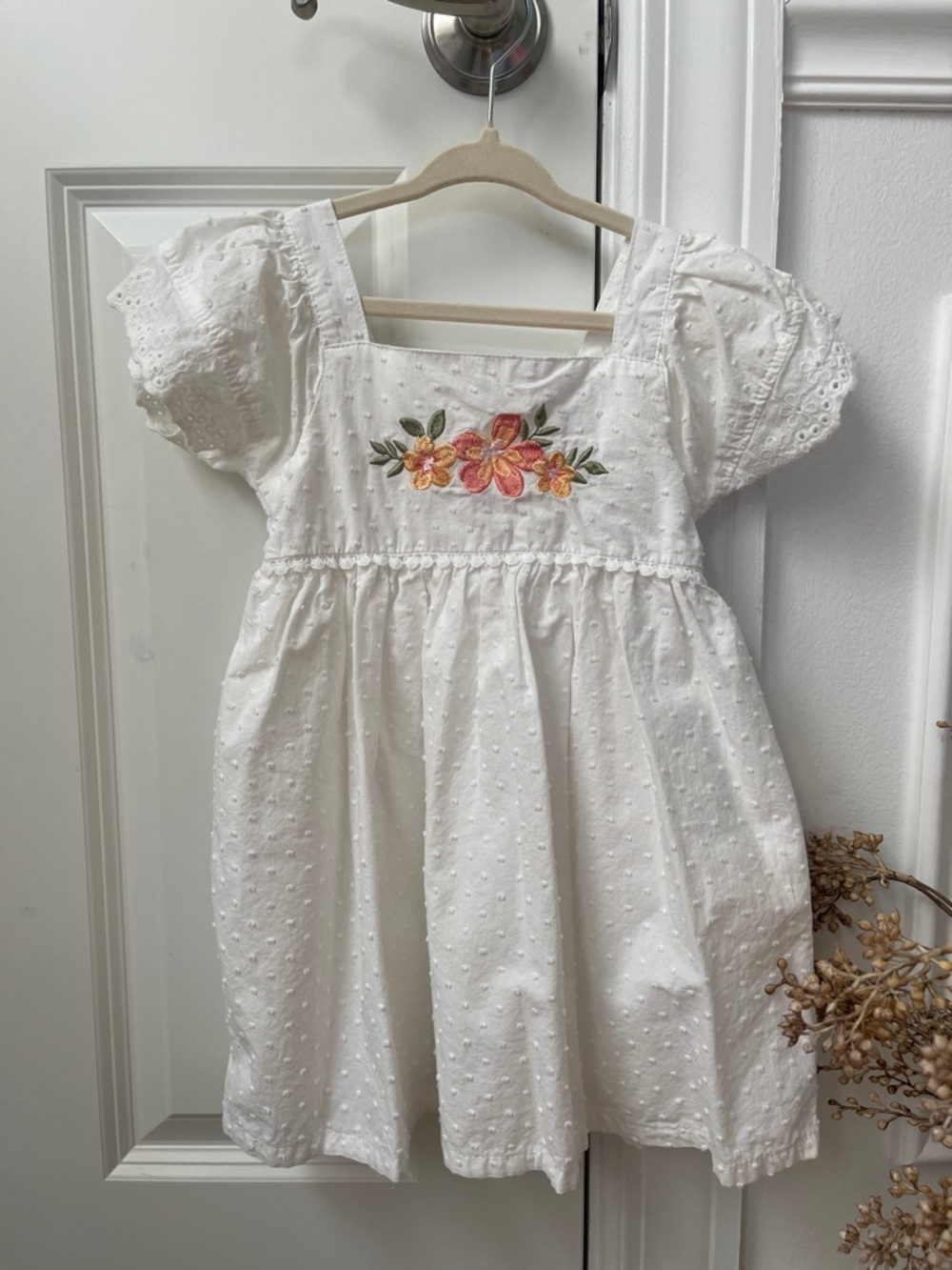 Daisy Fuentes White Embroidered Baby Dress with Fruit Accent
